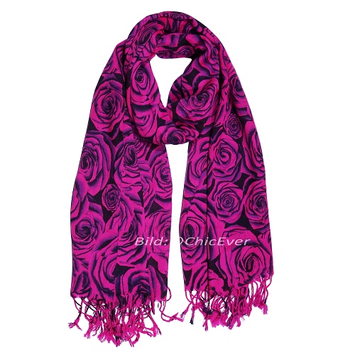 Schal aus Viskose in pink / schwarz, Rosen-Motiv, 70x170cm, 3030 - zum Schließen ins Bild klicken